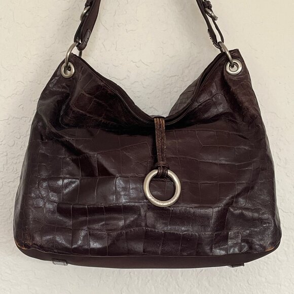 Franco Sarto Distressed Vegan Brown Glazed Embossed Croc Hobo Sholder Handbag - Picture 6 of 16